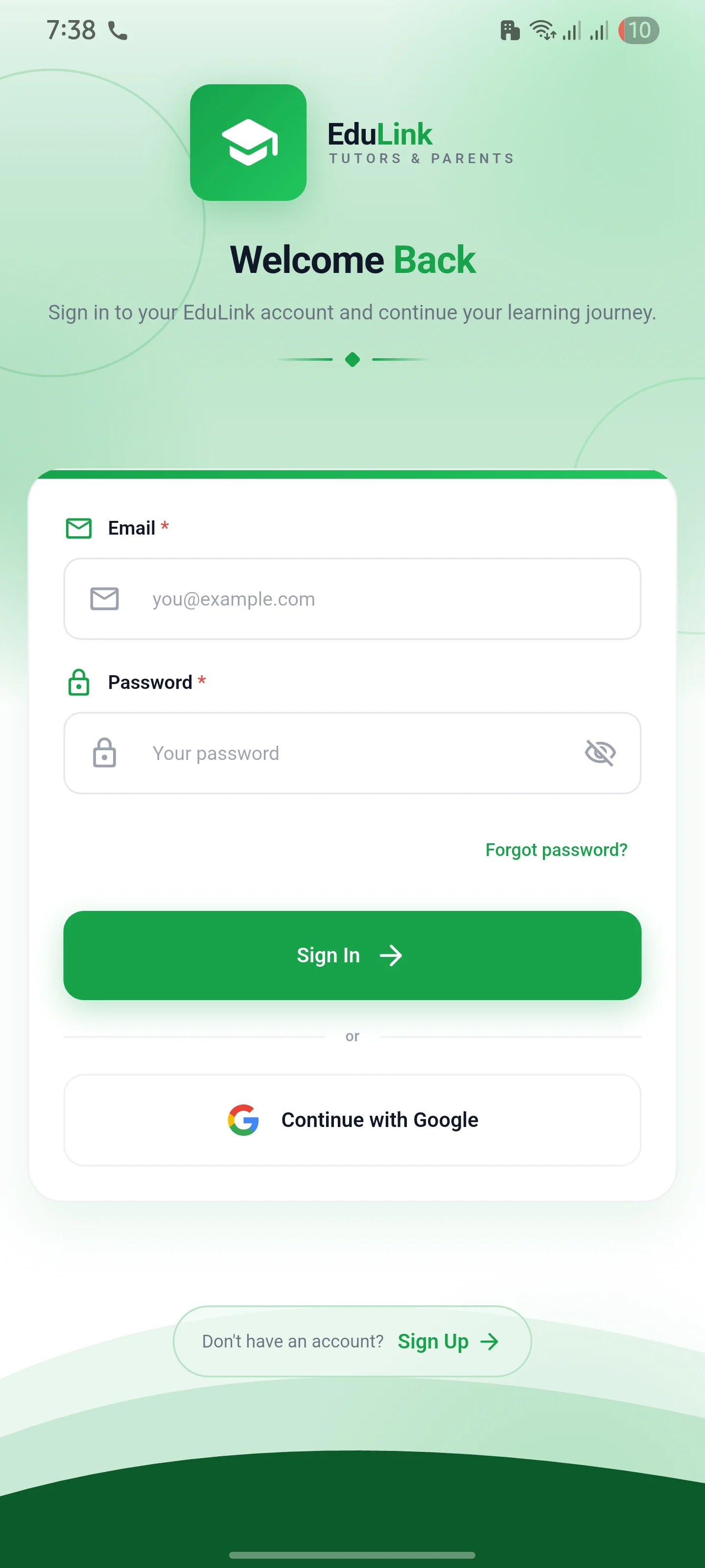 The EduLink Tutors & Parents app sign-in screen