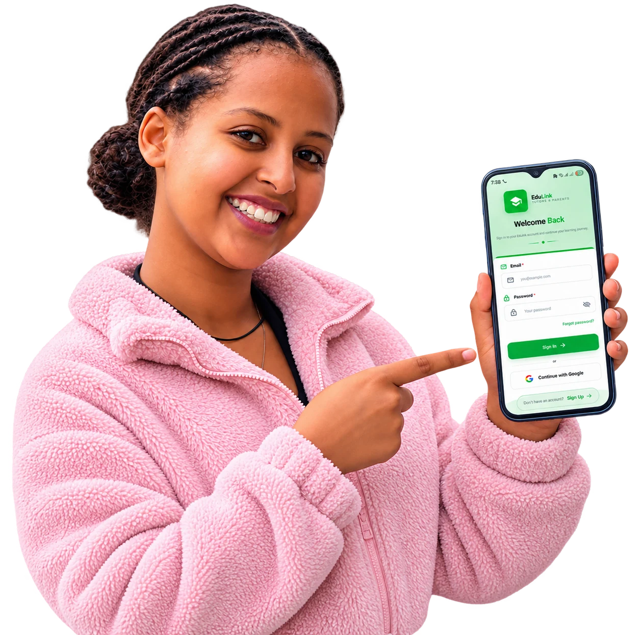 A smiling student pointing at the EduLink app on her phone