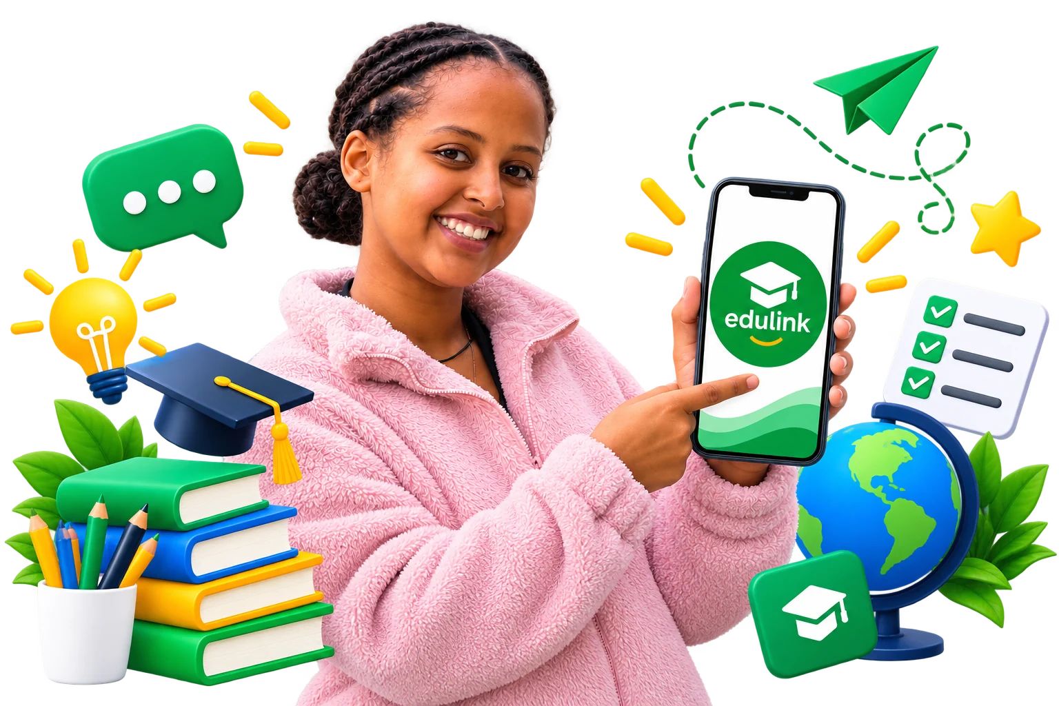 A smiling student holding up a phone with the EduLink app