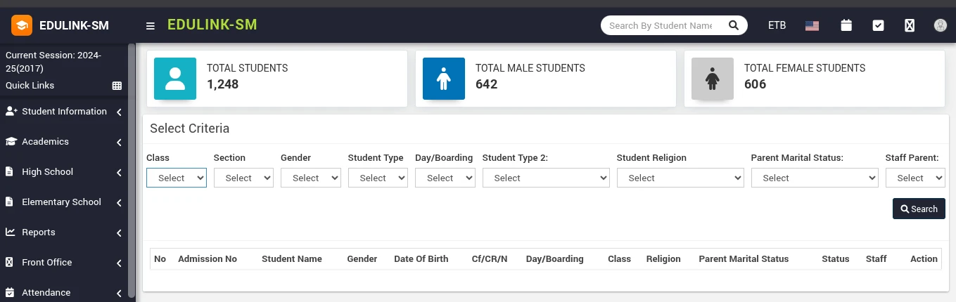 EduLink School Management: the student information screen with enrolment totals and search filters
